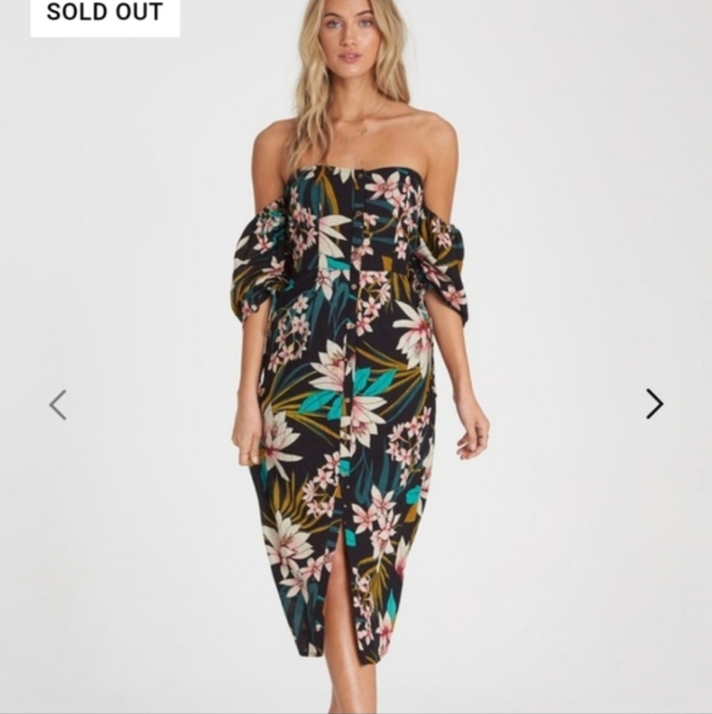 Billabong Love Tight Midi Dress In Black Floral Print Size Small